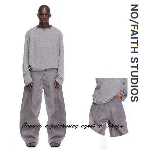 国现 美国 No faith studios 灰色牛弯刀阔挺立体水洗牛仔裤