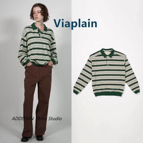 正品Viaplain 24秋季新款复古拼色条纹polo领宽松长袖T恤卫衣女