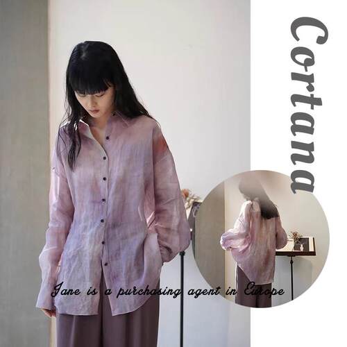 国现 西班牙直邮 Cortana 24春夏烟粉轻透苧麻印花衬衫上衣服