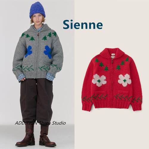韩国 Sienne 24冬季新款复古翻领花朵提花宽松针织开衫毛衣外套女