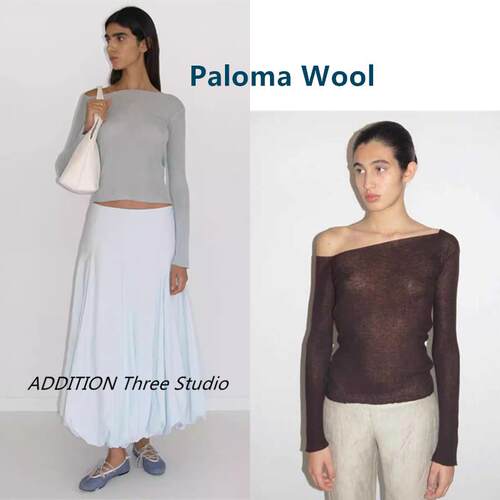 折扣 Paloma Wool 24夏季新款纯色斜领镂空露背针织衫长袖上衣女
