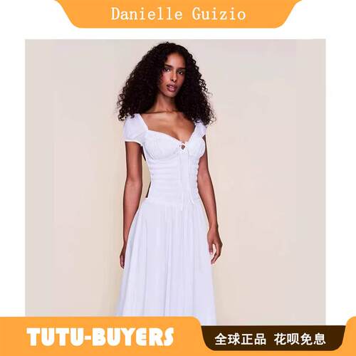 TUTU正品 Danielle Guizio Lisa同款甜美泡泡袖V领系带收腰连衣裙