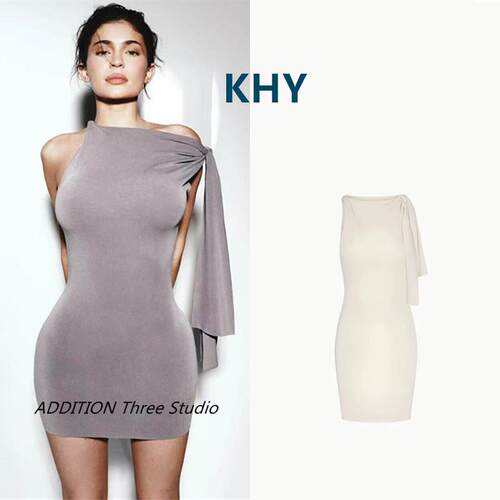 正品 KHY 25春夏款Kylie同款性感斜肩飘带不对称修身包臀连衣裙女