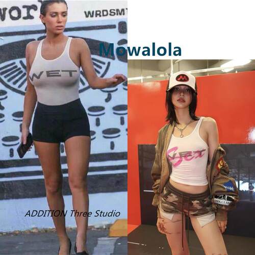 正品 Mowalola 春夏款性感辣妹字母印花紧身高弹吊带背心连体衣女