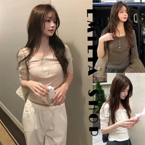 买手店正品现货韩国vegetable七分袖圆领正肩打底衫T恤上衣长袖女