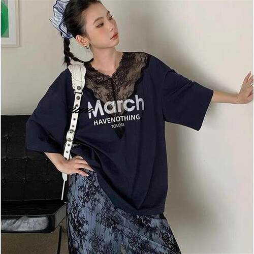 买手店正品 pushBUTTON 25新款小众设计蕾丝拼接字母短袖T恤上衣