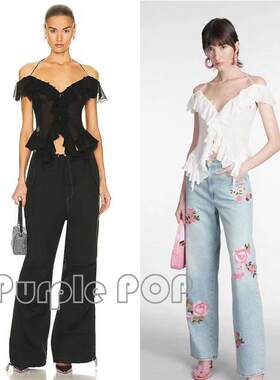 POP买手店 Blumarine 荷叶边系带真丝挂颈心型一字领吊带上衣