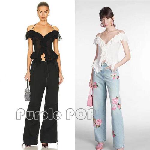 POP买手店 Blumarine 荷叶边系带真丝挂颈心型一字领吊带上衣