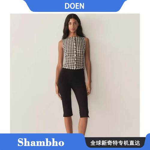 Shambho正品DOEN 新款法式田园风格纹前系扣修身无袖背心上衣