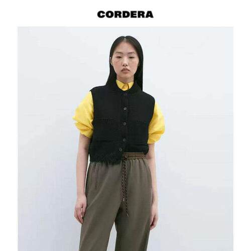 CORDERA 新款不对称钮扣立领针织复古休闲口袋马甲
