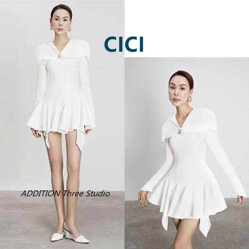 越南小众 CICI 24新款白色简约斗篷披肩不规则裙摆长袖连衣裙女