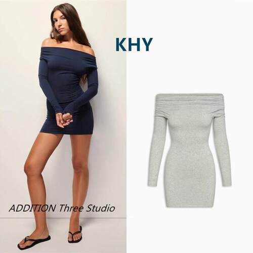 正品 KHY 26春季新款纯色性感辣妹一字肩收腰修身长袖迷你连衣裙
