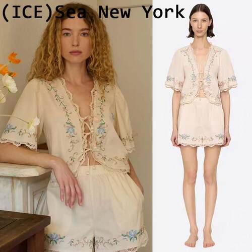 ice买手店正品现货Sea new york套装刺绣镂空短袖系带衬衫衣短裤
