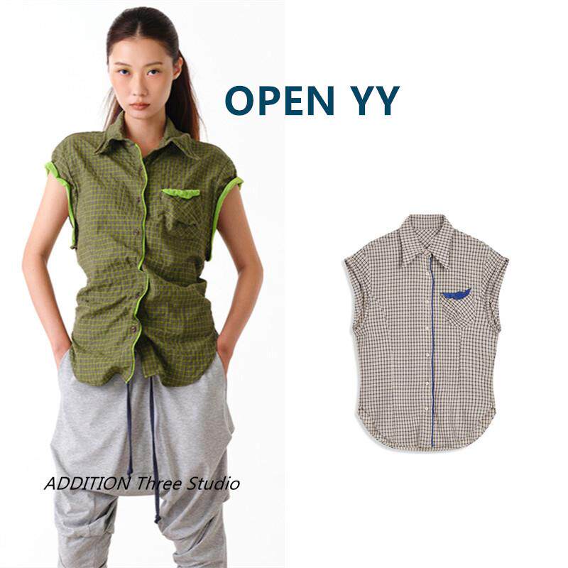 正品 OPEN YY 26夏季新款休闲风翻领格纹褶皱卷边排扣短袖衬衫女