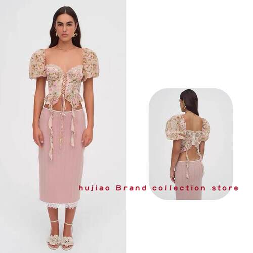 煳椒正品 for love&lemons 泡泡袖碎花镂空鱼骨胸衣短款辣妹上衣