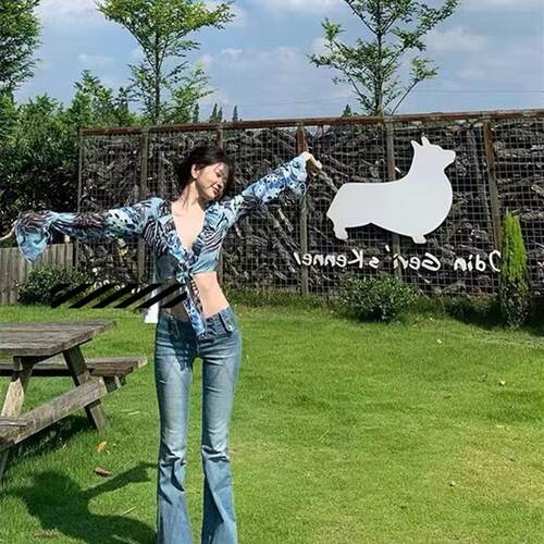 正品现货iamgia新款易梦玲同款辣妹复古水洗高腰喇叭紧身牛仔长裤