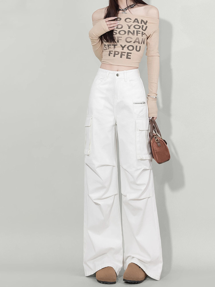 美式多口袋白色工装裤女夏季薄款2025新款显瘦阔腿高腰休闲长裤子