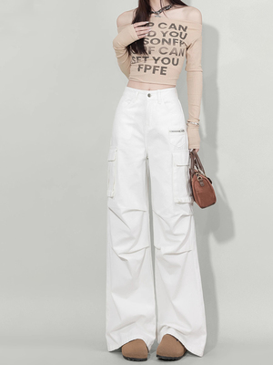 美式多口袋白色工装裤女夏季薄款2025新款显瘦阔腿高腰休闲长裤子