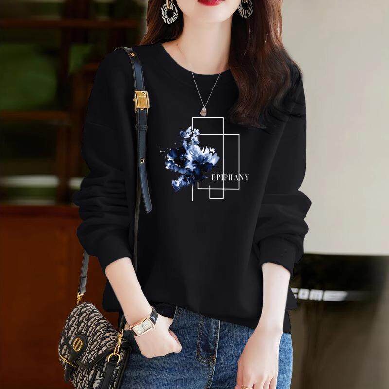 春秋季黑色圆领卫衣女2025新款爆款时尚韩系穿搭宽松显瘦外套上衣