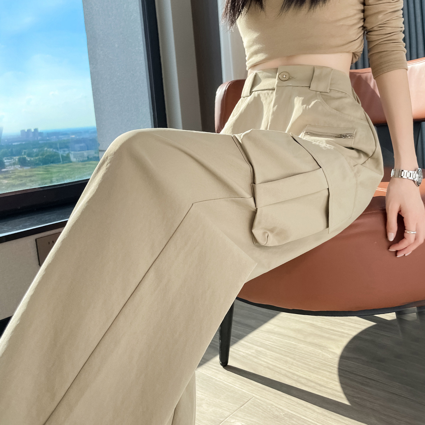 卡其色美式工装裤女春秋季薄款2025年新款显瘦酷风阔腿登山运动裤