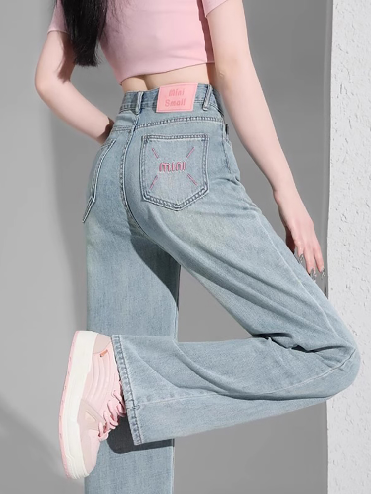 浅色窄版阔腿牛仔裤女春秋2025新款高腰遮胯显瘦垂感刺绣直筒裤子