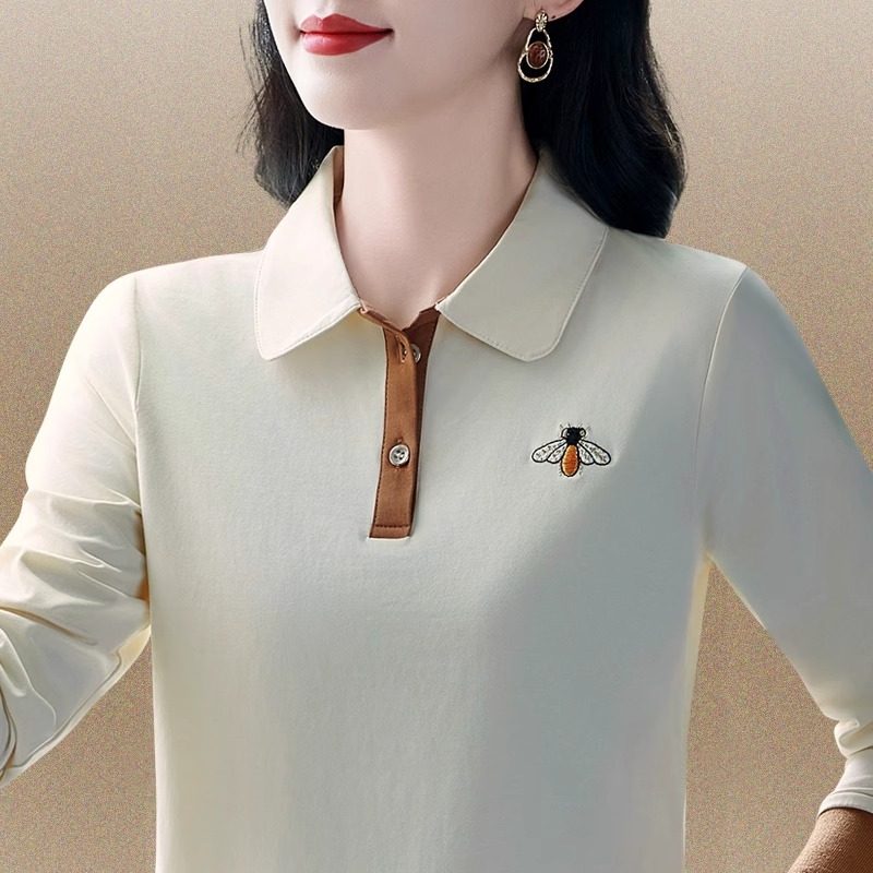 纯棉长袖t恤女春秋新款减龄polo衫宽松百搭休闲上衣翻领大码绣花