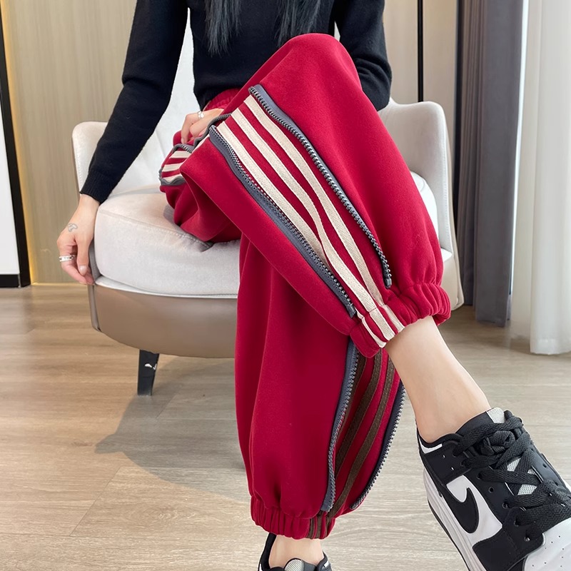 加绒运动裤女美式束脚卫裤2025新款高腰休闲秋冬加厚阔腿灯笼裤子
