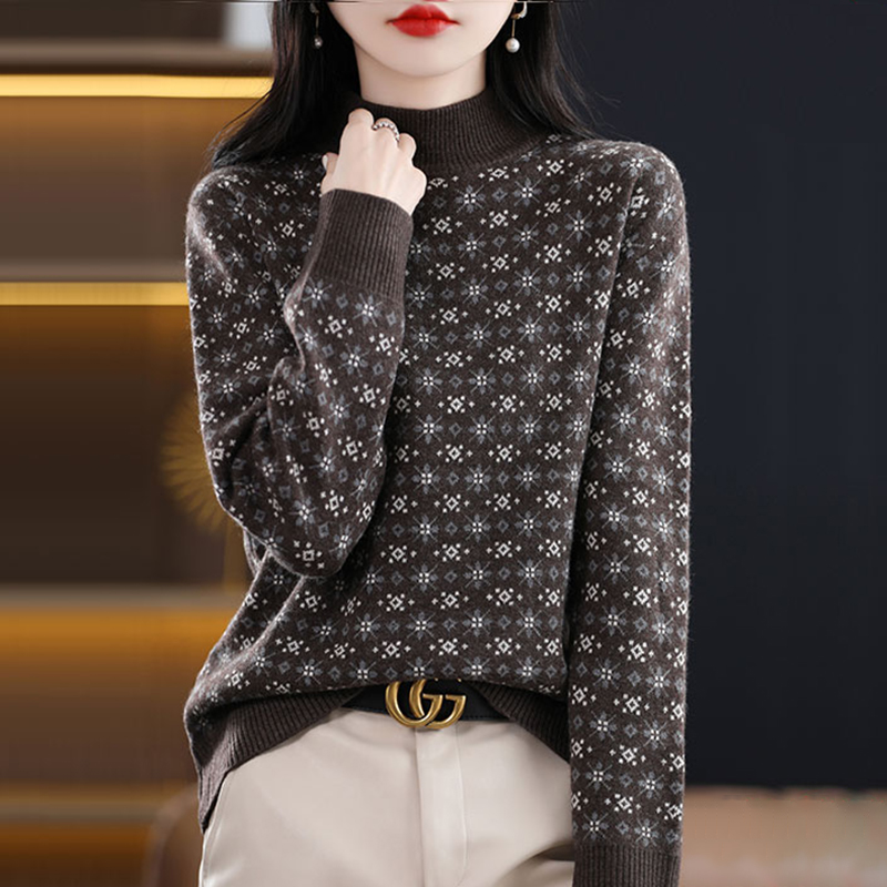 半高领仿羊毛衫女春秋2025新款女士羊毛宽松提花羊绒打底上衣毛衣