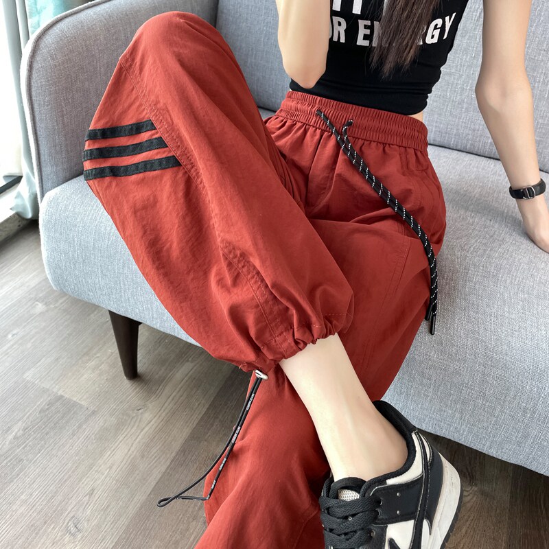 美式冰丝工装裤女夏季薄款2025年新款速干运动裤高腰束脚阔腿裤子