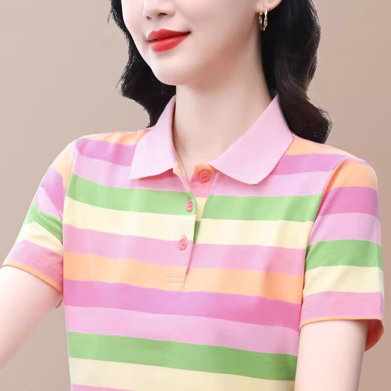 横条纹纯棉短袖t恤女夏季2025年新款翻领上衣洋气带领运动polo衫