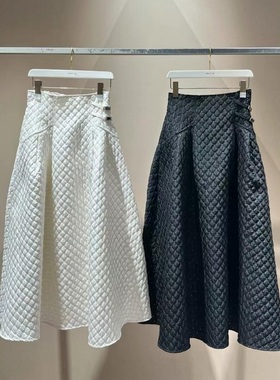 g1650~F家 星辰闪烁 金丝线刺绣菱格高腰百搭压褶大喇叭半身裙