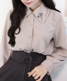 妙龄少女~21AW 精致复古法风 复古玫瑰刺绣小尖翻领 百搭长袖衬衫