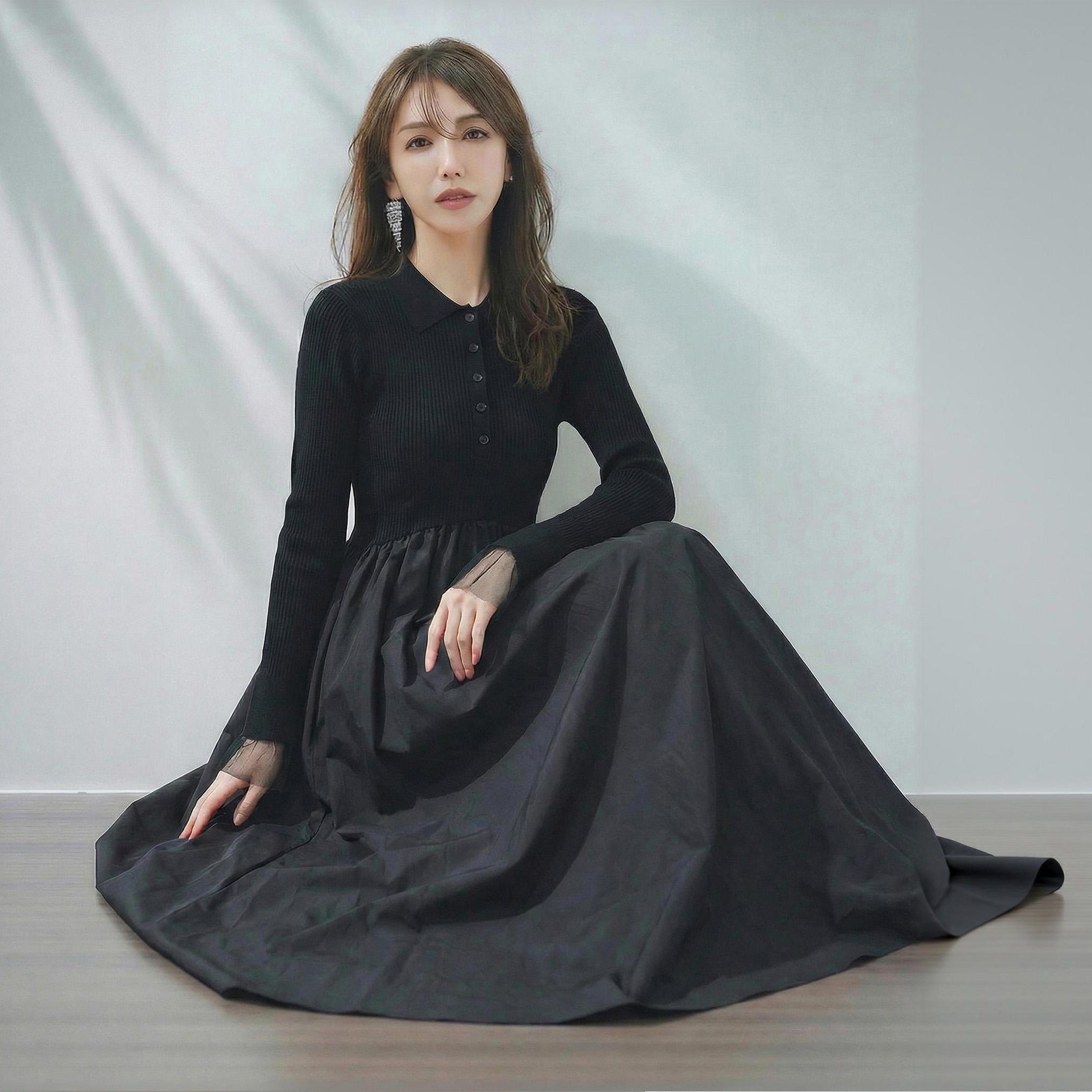 代1800+E1ENDE*K都会高智优雅 弧形收腰拼接网纱开叉袖翻领连衣裙