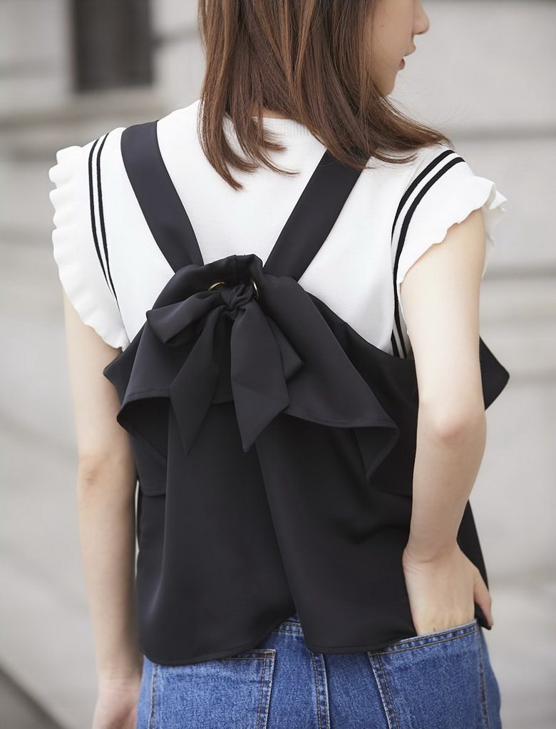 限促6折！ 若水般温柔 前后两穿 系蝴蝶结荷叶边宽边吊带上衣衬衫