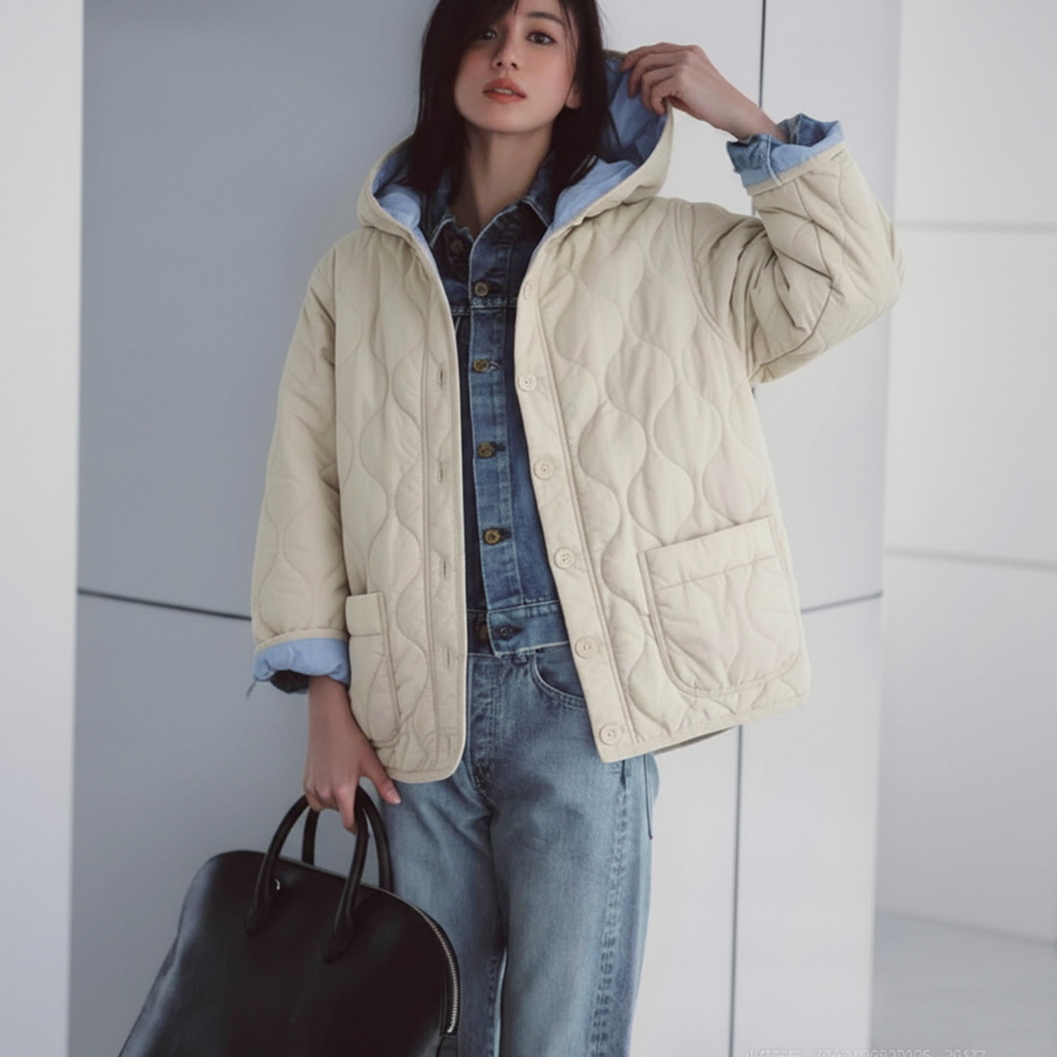 4.5w+稀罕高端 客供防风防水波浪绗缝宽松轻便大口袋连帽棉服外套