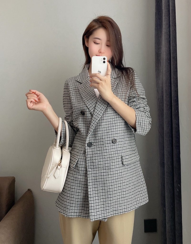 千鸟格双排扣羊毛西装外套