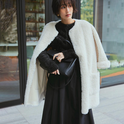 g1500~MO家杂志款 绒暖冬日 羊羔毛+麂皮绒 仿皮毛一体圆领外套