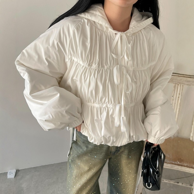 仅4件~ 可可爱爱蝴蝶结系带泡芙短款连帽棉服外套