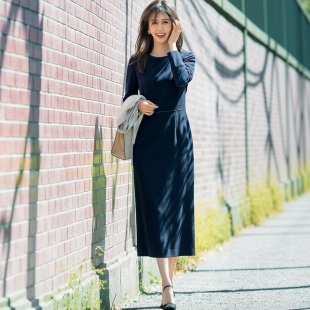 天赐曲线 婀娜大女人光泽缎面绲边双层编织高雅连衣裙 千金线高端