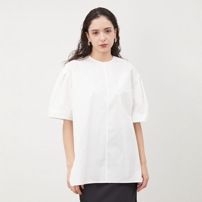 仅6件~MO家 琎口环保有机棉 H型圆领开叉建筑捏褶泡泡袖衬衫上衣