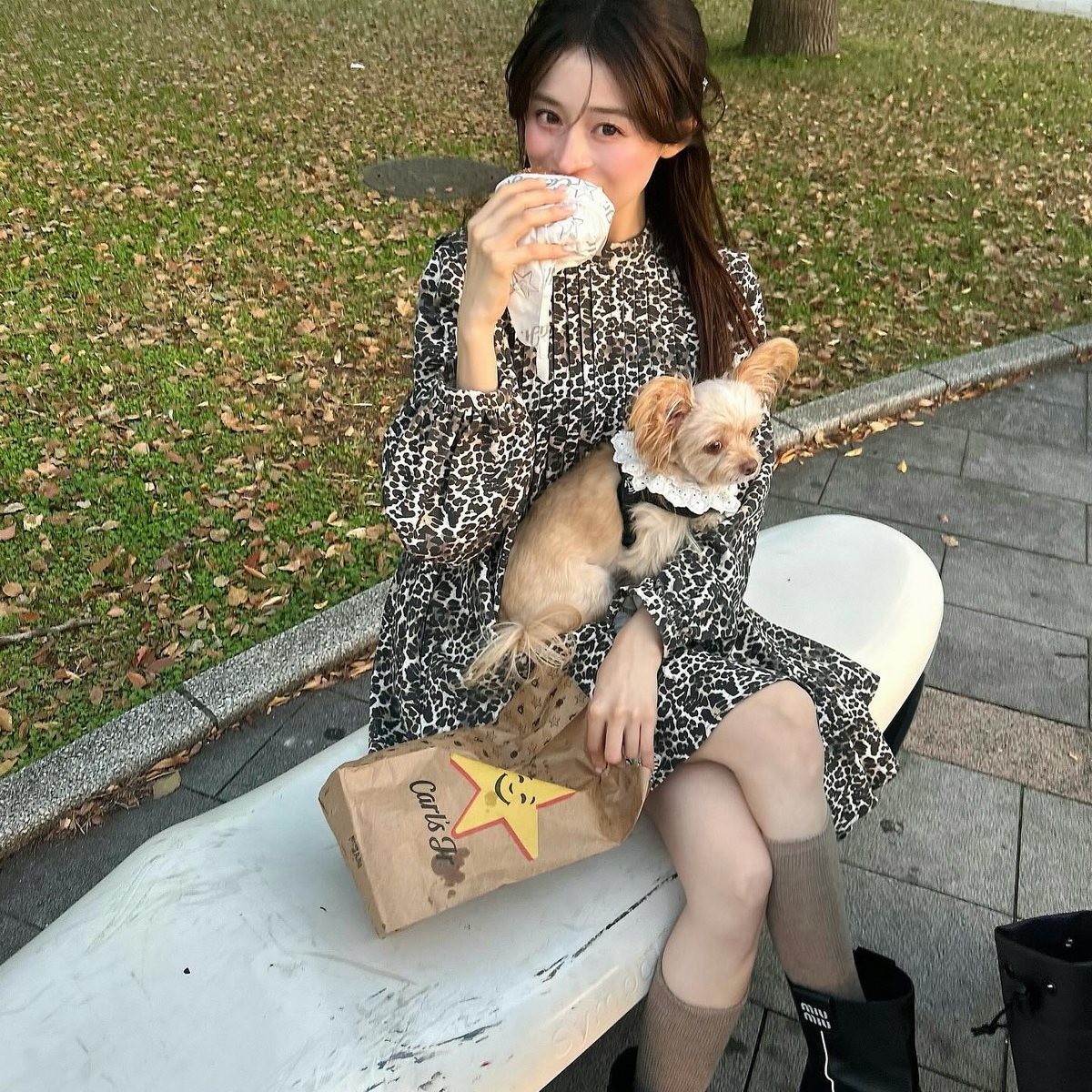 代1200+B1B1家 超大摆塔克褶立领飘带水洗荃棉复古豹纹迷你连衣裙