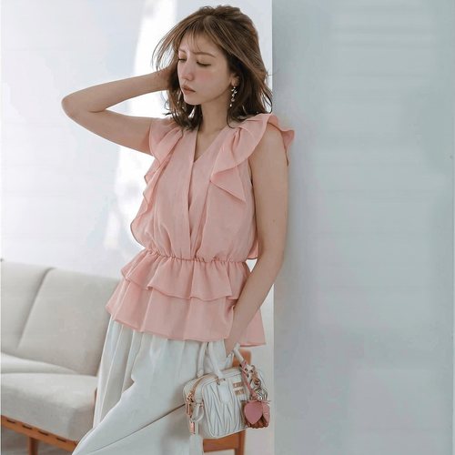 都会高智优雅 N家明星联名款 空気柔挺绉纱法式荷叶边V领收腰衬衫