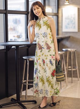 进店苾败~MO家 莱赛尔+亚麻度假风植物印染宽松显瘦无袖a字连衣裙
