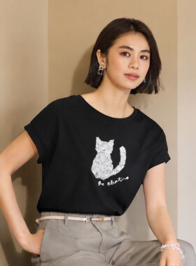 稀罕高端线 接触冷感/亮片&小猫刺绣 舒适百搭丝光棉法式袖T恤