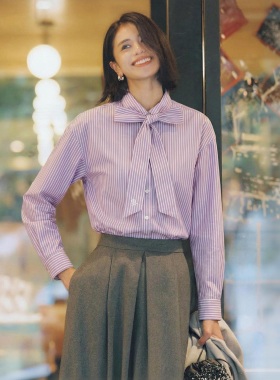 代1000+L0un1e 必够清单 色织条纹棉 百搭翻领蝴蝶结飘带简约衬衫