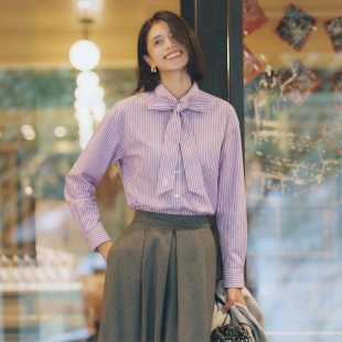 百搭翻领蝴蝶结飘带简约衬衫 代1000 色织条纹棉 必够清单 L0un1e