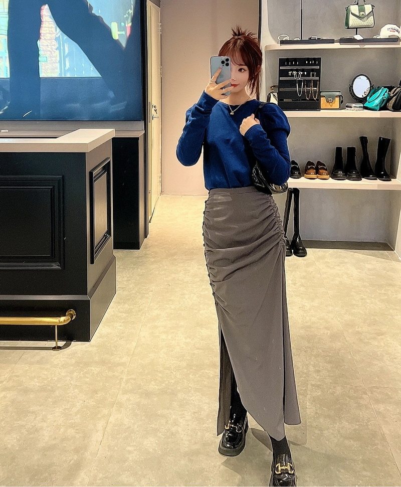 H型侧开叉打褶中长款半身裙