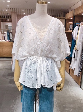 再追单~Ch1co 21ss店头主推 甜美镂空花纹喇叭袖纯棉收腰上衣衬衫