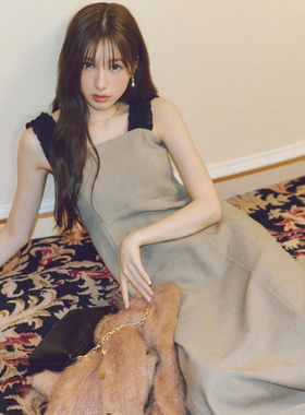 又嗲又美！N家人气明星款 木耳荷叶边宽肩带粗花呢收腰背心连衣裙