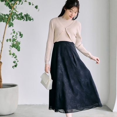 代1200+仅 9套 富家千金 针织短款开衫+花纹拼接背心连衣裙 套装